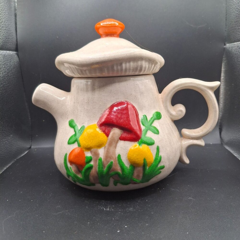 Vintage Arnels  Mushroom-Themed Ceramic Teapot  Lid Hand Painted Slight Crazing